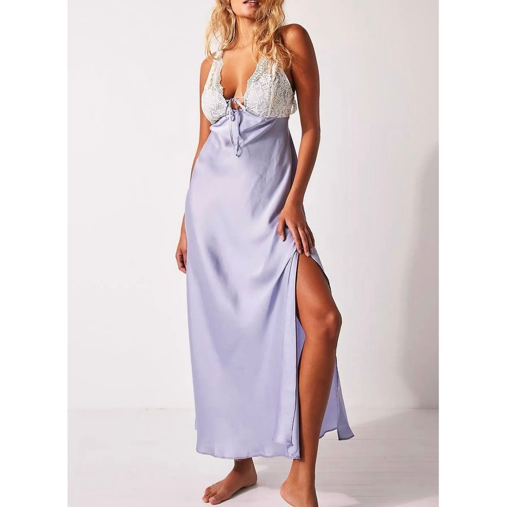 Free People Lavender Satin Maxi Slip Dress with Lace Bodice